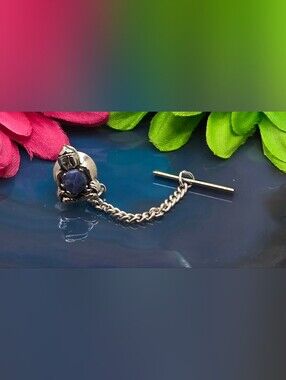 Lapel Pin with Blue Sodalite Stone & Chain Silver Tone Measures ½" Tall